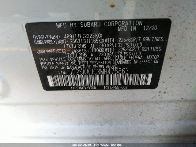 Subaru Forester Premium 2021 JF2SKAJC3MH475863 Image 10