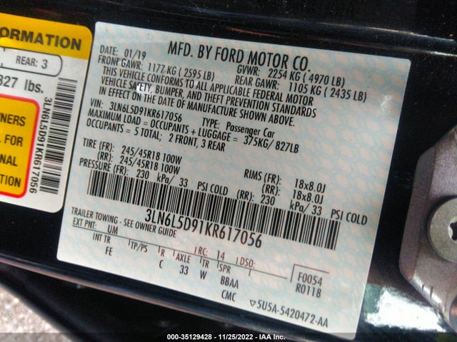 2019 Lincoln MKZ, VIN: 3LN6L5D91KR617056