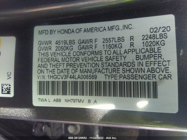 2020 Honda Accord, VIN: 1HGCV3F44LA006569