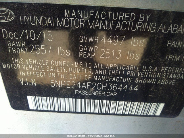 2016 HYUNDAI SONATA 2.4L SE VIN: 5NPE24AF2GH364444