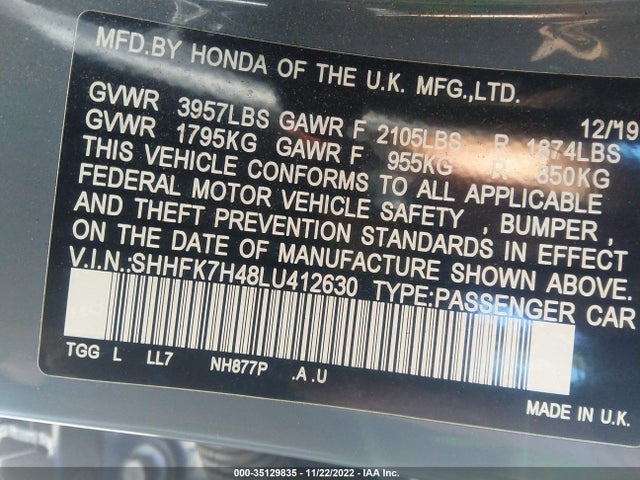2020 HONDA CIVIC HATCHBACK SPORT VIN: SHHFK7H48LU412630