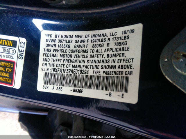 2010 HONDA CIVIC SDN LX VIN: 19XFA1F52AE010294