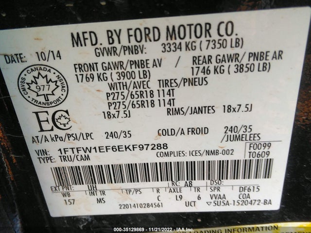 2014 FORD F-150 XL/XLT/STX/FX4/LARIAT VIN: 1FTFW1EF6EKF97288