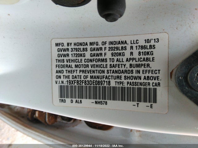 2013 HONDA CIVIC SDN EX VIN: 19XFB2F83DE089718