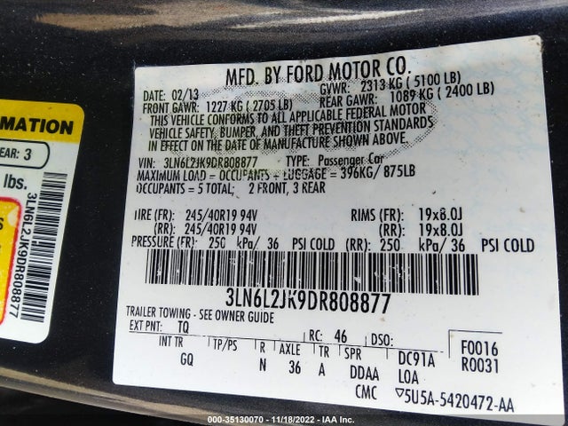 Lincoln MKZ 2013 3LN6L2JK9DR808877 Image 9
