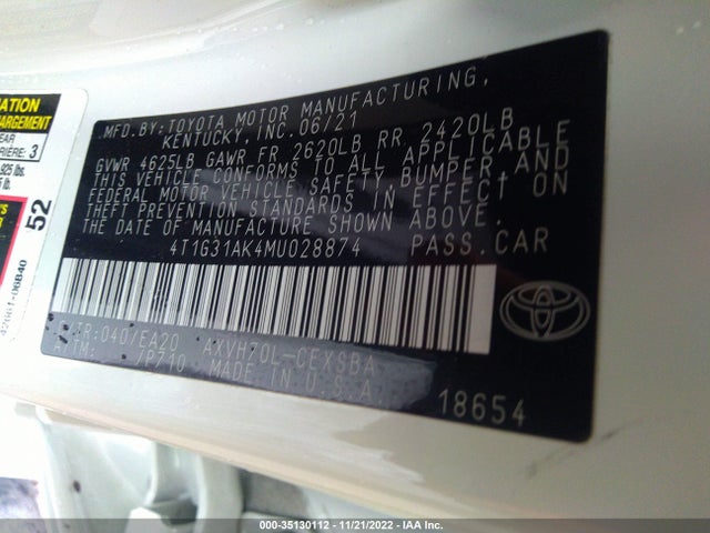 2021 Toyota Camry, VIN: 4T1G31AK4MU028874
