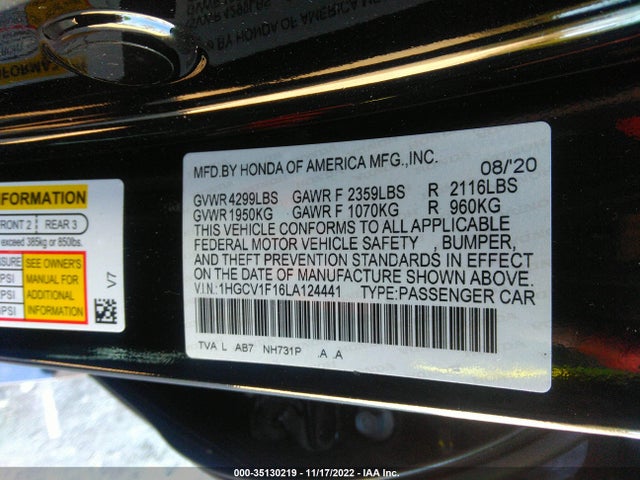 2020 HONDA ACCORD SEDAN LX VIN: 1HGCV1F16LA124441