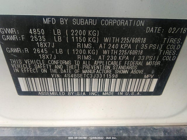 2018 Subaru Outback, VIN: 4S4BSETC3J3311598