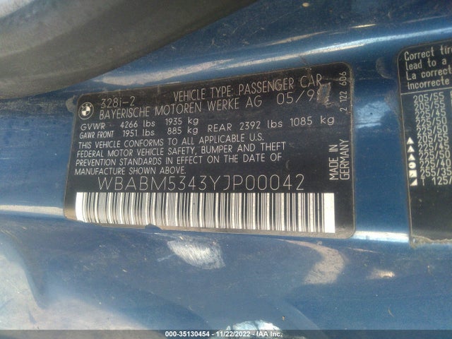2000 BMW 3 SERIES 328CI VIN: WBABM5343YJP00042