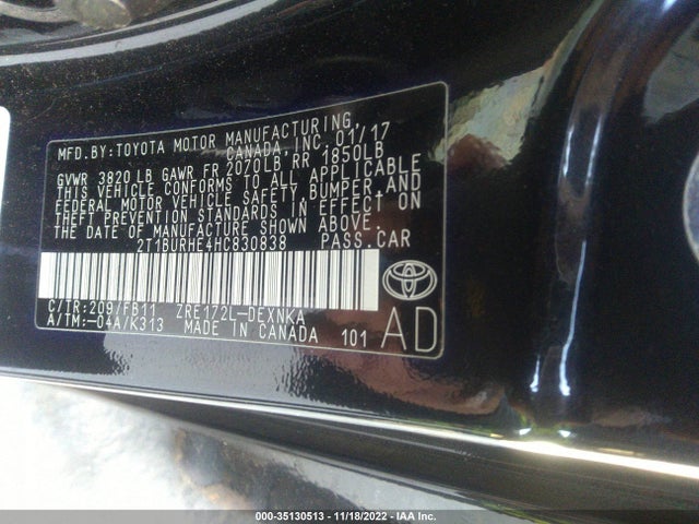 2017 TOYOTA COROLLA L/LE/XLE/SE VIN: 2T1BURHE4HC830838
