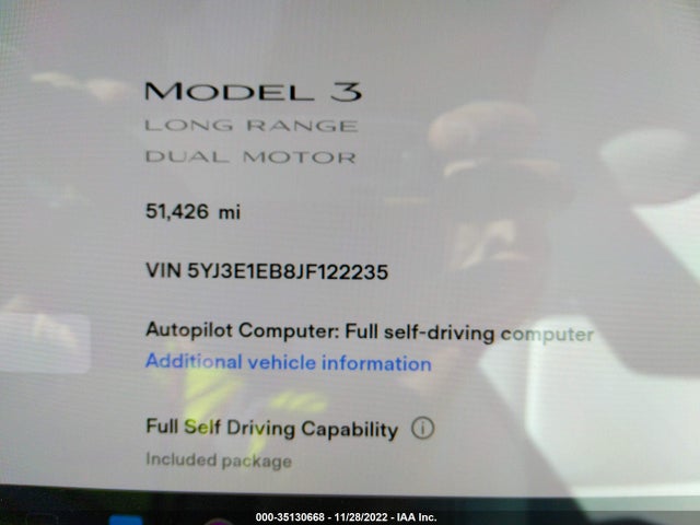 2018 TESLA MODEL 3 LONG RANGE VIN: 5YJ3E1EB8JF122235