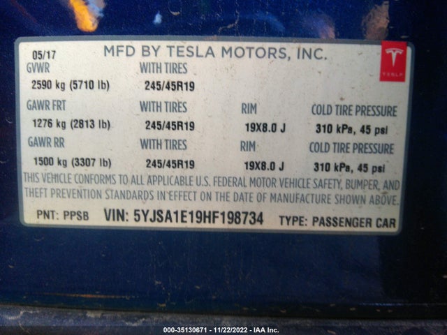 2017 Tesla Model S, VIN: 5YJSA1E19HF198734