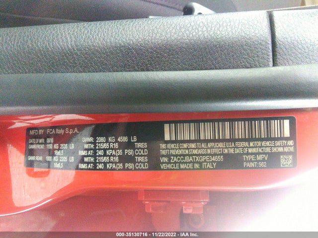 2016 Jeep Renegade, VIN: ZACCJBATXGPE34655