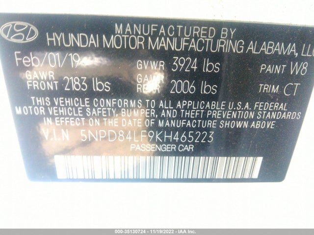 2019 HYUNDAI ELANTRA SEL VIN: 5NPD84LF9KH465223