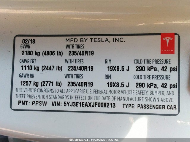 Tesla MODEL 3 2018 5YJ3E1EAXJF008213 Image 9