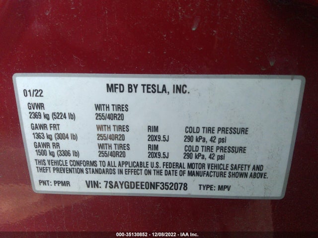 7SAYGDEE0NF352078 Tesla Model Y Long Range