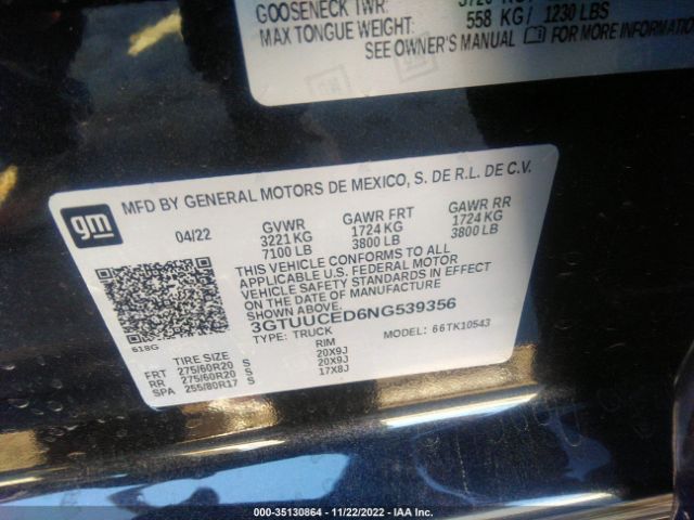 3GTUUCED6NG539356 GMC Sierra 1500 Elevation