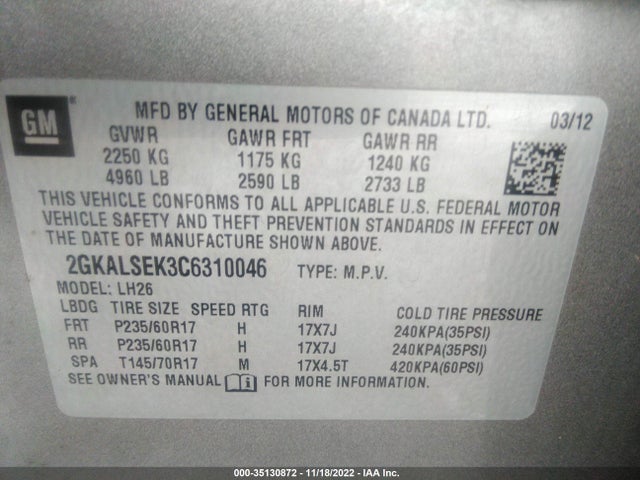 2012 GMC TERRAIN SLE-2 VIN: 2GKALSEK3C6310046