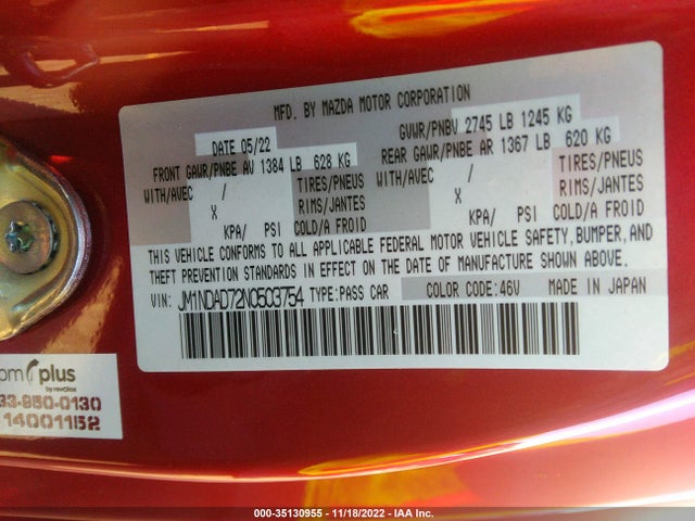 2022 Mazda MX-5 Miata, VIN: JM1NDAD72N0503754