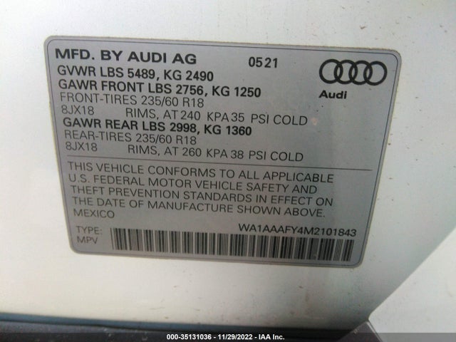 2021 Audi Q5, VIN: WA1AAAFY4M2101843
