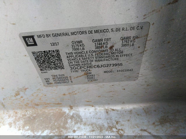 2018 CHEVROLET SILVERADO 1500 LT VIN: 3GCPCREC6JG273955