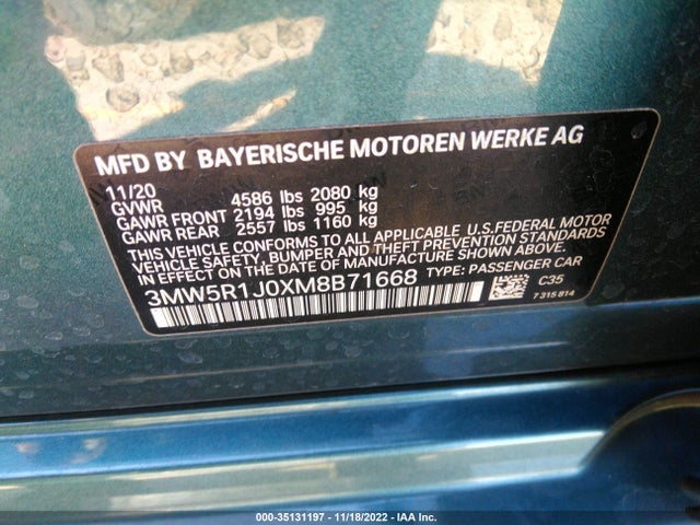 2021 BMW 3 Series, VIN: 3MW5R1J0XM8B71668