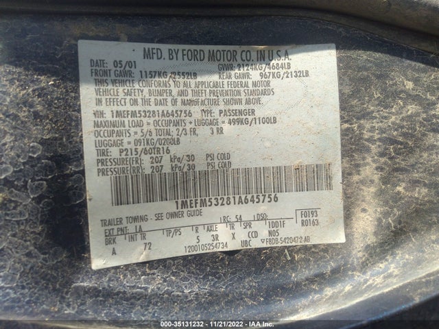 2001 MERCURY SABLE LS VIN: 1MEFM53281A645756