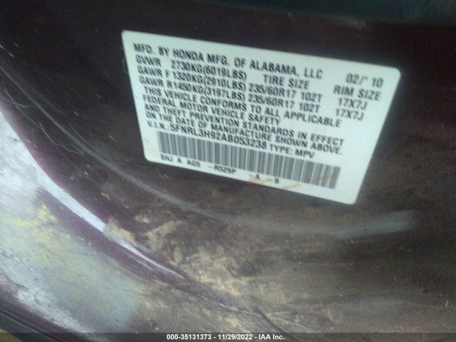 2010 HONDA ODYSSEY TOURING VIN: 5FNRL3H92AB053238