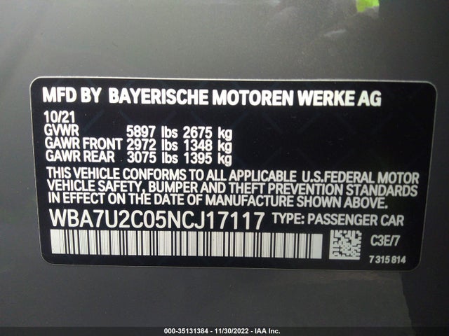 2022 BMW 7 Series, VIN: WBA7U2C05NCJ17117
