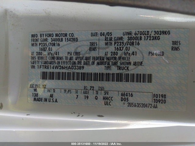 2006 FORD ECONOLINE CARGO VAN VIN: 1FTRE14W26HA03389