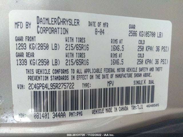 2C4GP64L95R275722 Chrysler Town & Country Limited