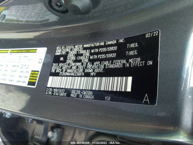 2022 LEXUS RX RX 350 VIN: 2T2HZMAA4NC236814