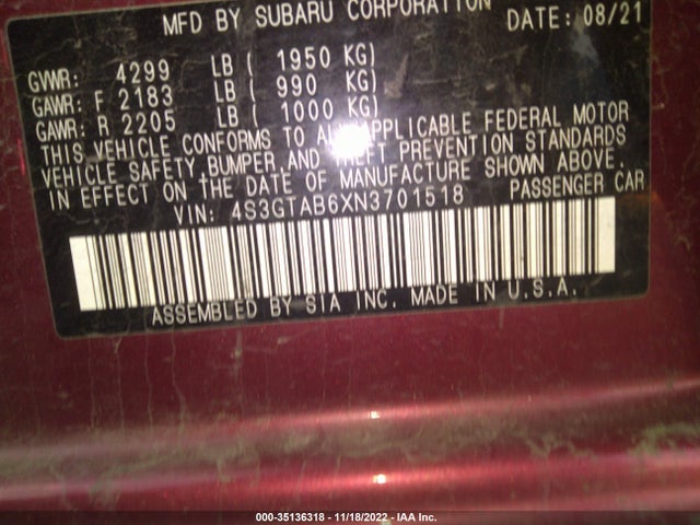 Subaru Impreza 2022 4S3GTAB6XN3701518 Image 9