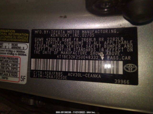 2005 TOYOTA CAMRY STD/LE/SE/XLE VIN: 4T1BE32K25U048332