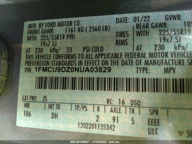 2022 Ford Escape, VIN: 1FMCU9DZ0NUA03829