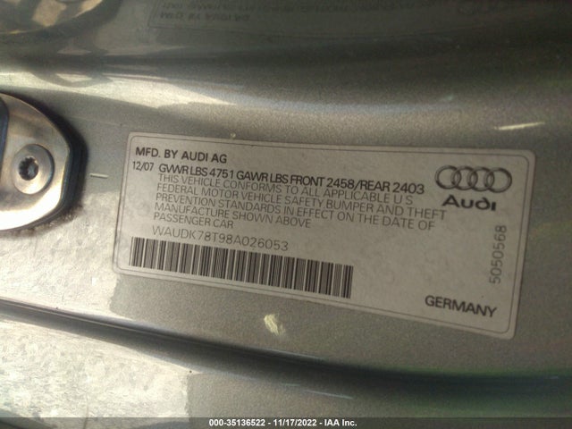 2008 AUDI A5 VIN: WAUDK78T98A026053
