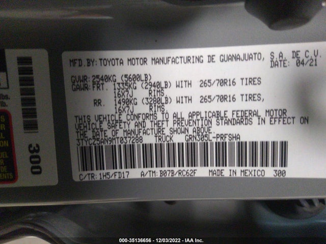 2021 TOYOTA TACOMA 4WD SR/SR5/TRD SPORT VIN: 3TYCZ5AN9MT037288