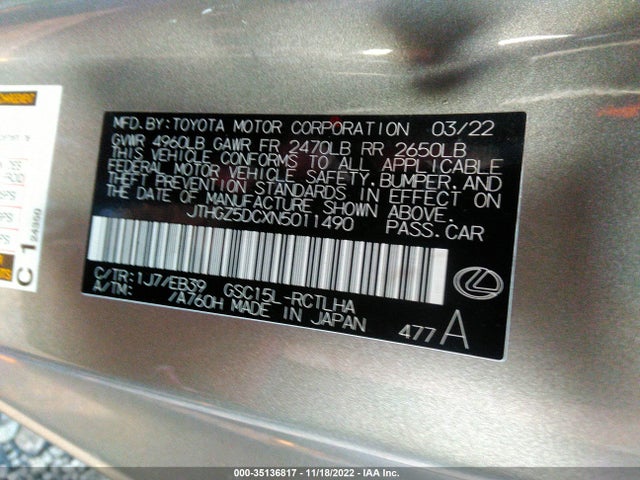 2022 Lexus RC, VIN: JTHGZ5DCXN5011490