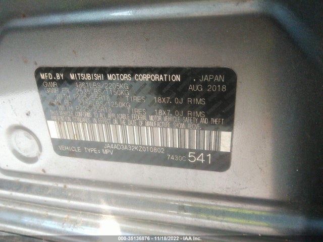 2019 MITSUBISHI OUTLANDER SE/SEL/LE VIN: JA4AD3A32KZ010802