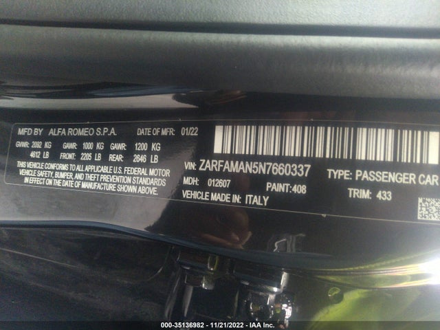 2022 Alfa Romeo Giulia, VIN: ZARFAMAN5N7660337