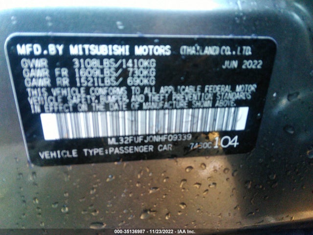 2022 Mitsubishi Mirage, VIN: ML32FUFJ0NHF09339