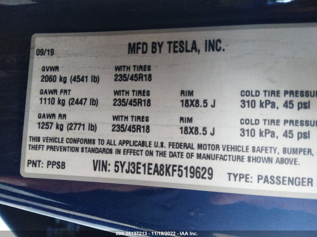 Tesla MODEL 3 2019 5YJ3E1EA8KF519629 Image 9