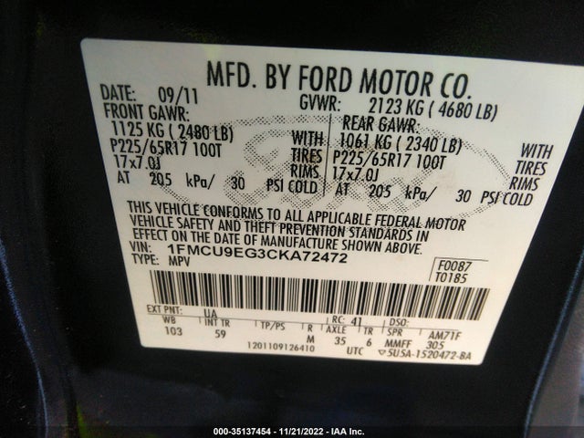 2012 FORD ESCAPE LIMITED VIN: 1FMCU9EG3CKA72472