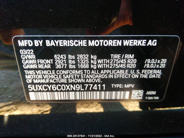 2022 BMW X6, VIN: 5UXCY6C0XN9L77411