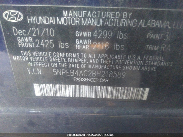 2011 HYUNDAI SONATA GLS PZEV VIN: 5NPEB4AC2BH218589