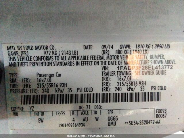 Ford FOCUS SE 2014 1FADP3F28EL413772 Image 9