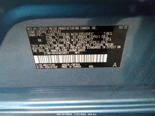 2012 TOYOTA RAV4 VIN: 2T3BF4DV4CW258977