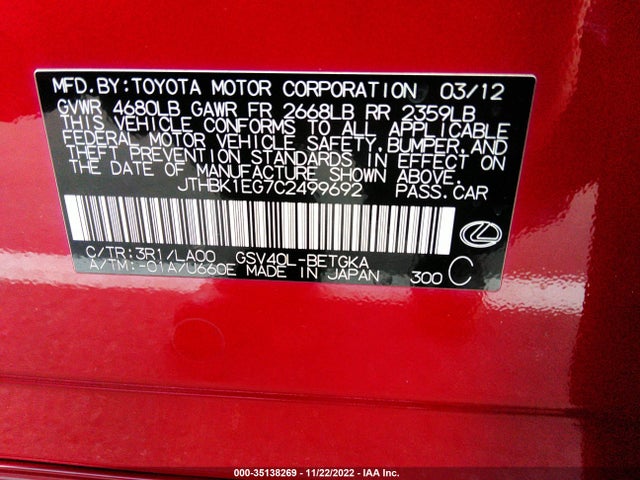 Lexus ES 350 2012 JTHBK1EG7C2499692 Image 10