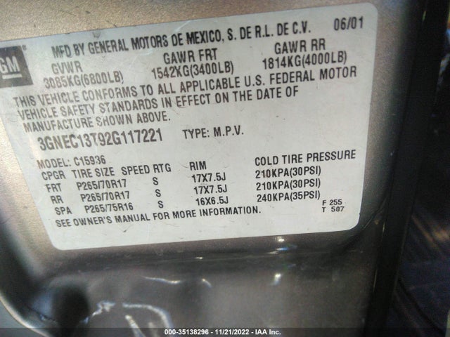 2002 CHEVROLET AVALANCHE VIN: 3GNEC13T92G117221