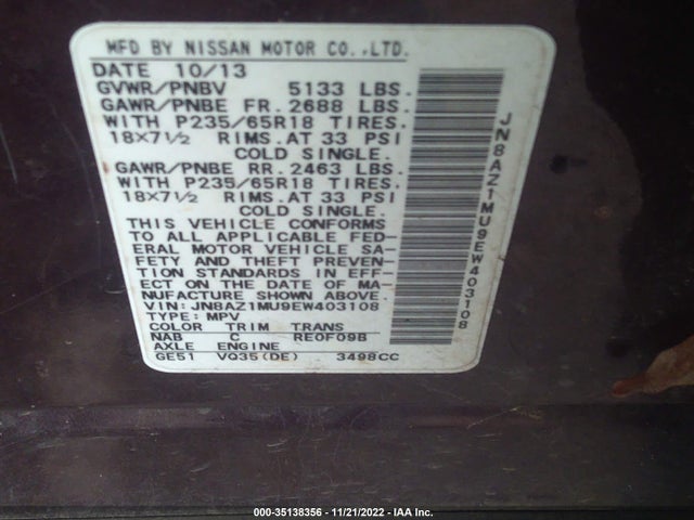 Nissan MURANO S 2014 JN8AZ1MU9EW403108 Image 9